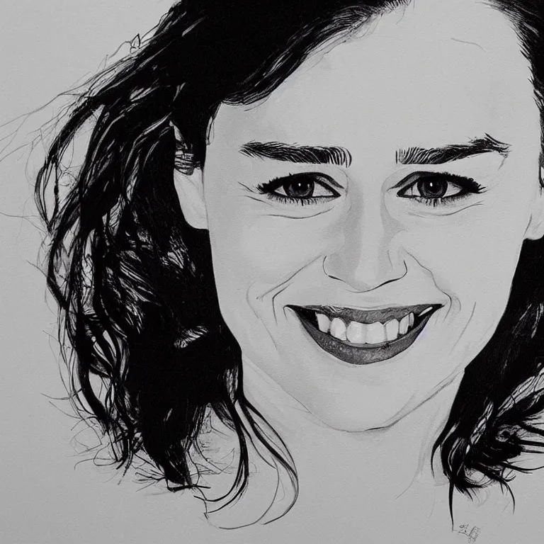 Prompt: an amaze - art painting of emilia clarke using single line, realism, smiling face