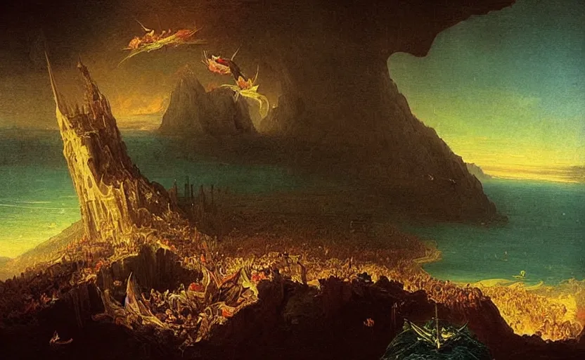 Image similar to “ the fall of dubai, in the style of thomas cole ”