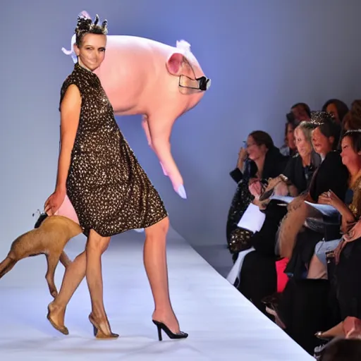 Prompt: a pig walks the runway with supermodels at a high fashion show