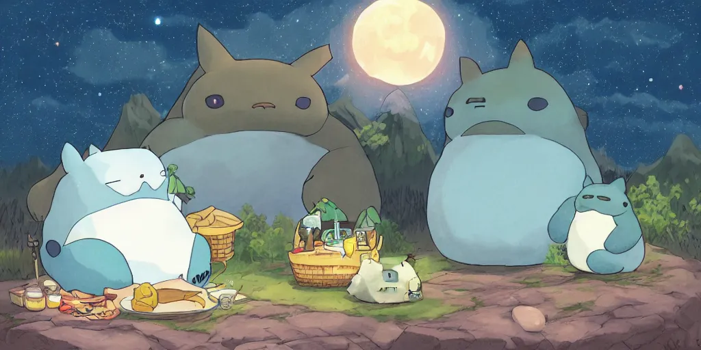 Image similar to glowing snorlax and totoro doing a picnic, mountain landscape, night sky, digital art, digital painting, celestial, majestic, colorful