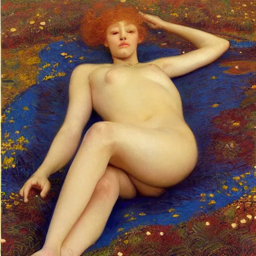 Image similar to masterpiece full body portrait of a beautiful woman with a perfect body lying on an ornate gold and blue carpet in a meadow, by Edgar Maxence and Ross Tran and Michael Whelan and Gustav Klimpt