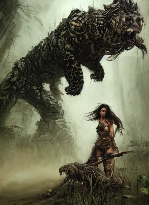 Image similar to a very beautiful cute tribal woman riding a mutated jaguar in a post apocalyptic city overgrown with lush vegetation, by Luis Royo, by Greg Rutkowski, dark, gritty, intricate, backlit, strong rimlight, cover illustration, concept art, volumetric lighting, volumetric atmosphere, sharp focus, octane render, trending on artstation, 8k