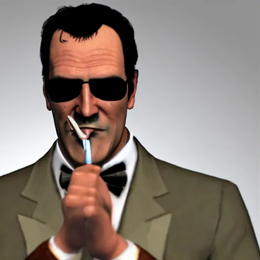 Image similar to portrait of bruce campbell dressed in a tuxedo smoking a cigar. gta v graphics