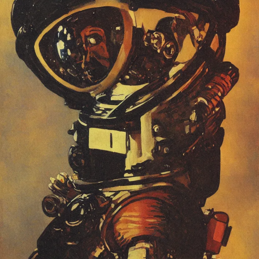 Image similar to portrait of an aztec astronaut, painted by norman rockwell. dark, moody lighting. soft gradients.