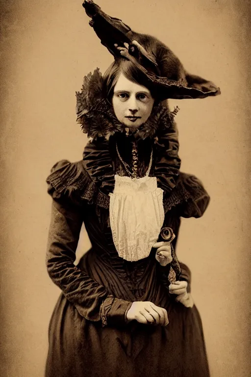 Image similar to wet plate photograph portrait of a victorian woman who has a cat head for her head, dressed in a victorian - era clothing, dramatic lighting, highly detailed, digital painting, artstation, concept art, smooth, sharp focus, illustration, art by wlop, mars ravelo and greg rutkowski