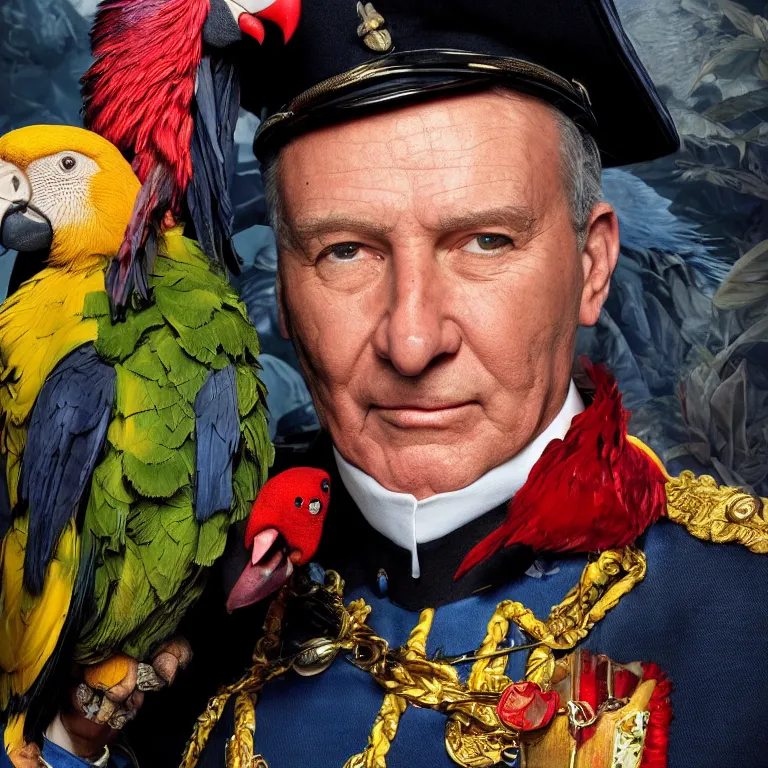 Prompt: close - up octane render portrait by wayne barlow and carlo crivelli and glenn fabry, an extremely elegant bold stern well - dressed admiral in a very powerful uniform, holding a colorful parrot, inside a colorful highly - themed nautical bar, very short depth of field, bokeh