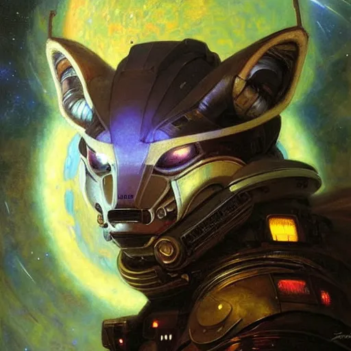 Prompt: portrait of a space fox. futuristic spaceship. shadowrun furaffiniy cyberpunk fantasy highly detailed painting by gaston bussiere craig mullins jc leyendecker gustav klimt artgerm greg rutkowski john berkey, bergey, craig mullins, ruan jia, raymond swanland, jeremy mann, tom lovell, alex malveda