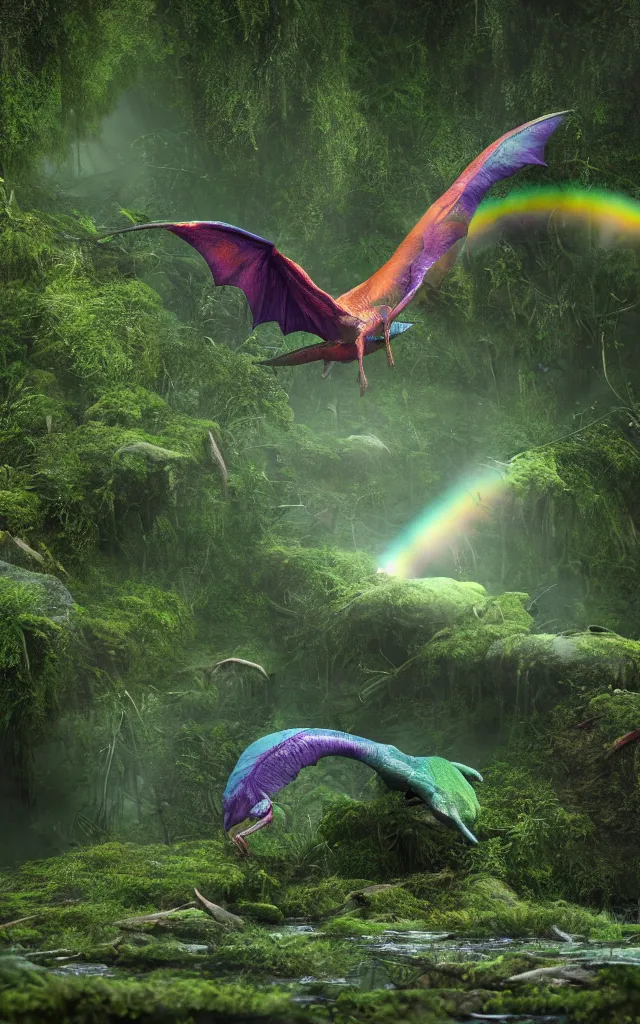 Image similar to iridiscent rainbow dim pterodactyl lying in a swamp, moss and mud, photography, 3d octane render