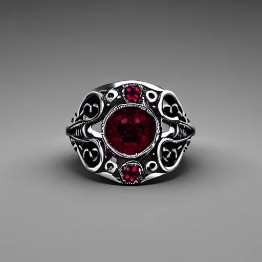 Prompt: skeletonized silver ring with rubies macro rendered intricate detail