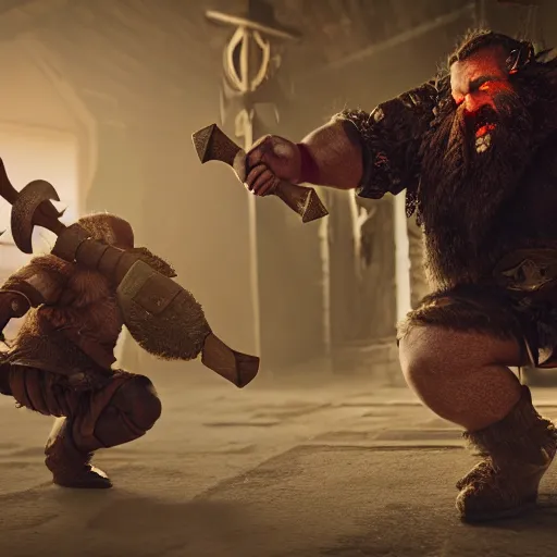 Prompt: a cinematic shot of a dwarf berserker swinging axes, fighting monsters, octane render, hyperreal, 8 k, detailed hands