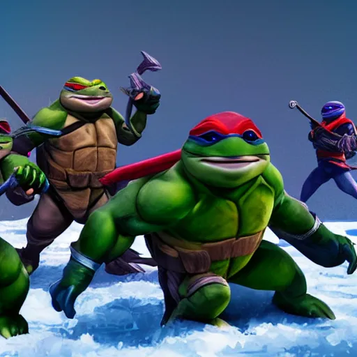 Image similar to the ninja turtles surfing on snow, digital art, trending in artstation, cinematic lighting, studio quality, smooth render, unreal engine 5 rendered, octane rendered, art style and nixeu and wlop and krenz cushart