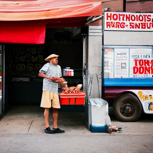 Image similar to portrait of a strange man selling hot dogs, 🌭, eccentric, canon eos r 3, f / 1. 4, iso 2 0 0, 1 / 1 6 0 s, 8 k, raw, unedited, symmetrical balance, wide angle