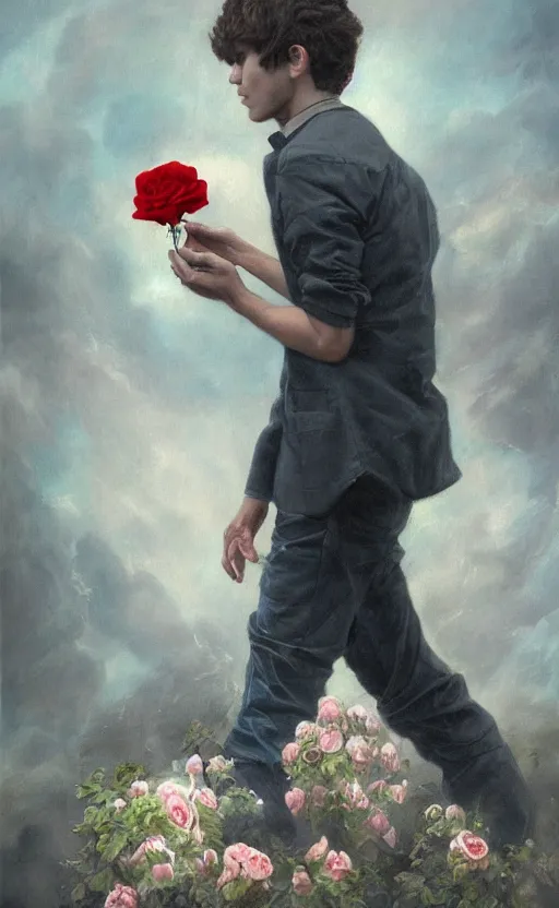 Image similar to a painting of a young man, walking unknowingly toward the brink of a precipice, holding a white rose in one hand, and in the other a small bundle of possessions, a surrealist painting by marco mazzoni, cgsociety, neo - figurative, detailed painting, rococo, oil on canvas, seapunk, lovecraftian