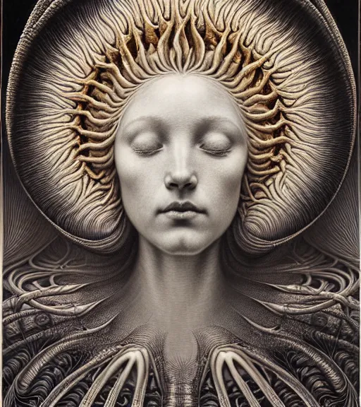 Prompt: detailed realistic beautiful sun goddess face portrait by jean delville, gustave dore, iris van herpen and marco mazzoni, art forms of nature by ernst haeckel, art nouveau, symbolist, visionary, gothic, neo - gothic, pre - raphaelite, fractal lace, intricate alien botanicals, ai biodiversity, surreality, hyperdetailed ultrasharp octane render
