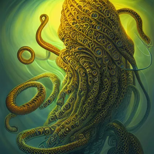 Prompt: photorealistic swirling abstract rendition of cthulu by michael whelan. hyperdetailed photorealism, 1 0 8 megapixels, amazing depth, glowing rich colors, powerful imagery, psychedelic overtones, 3 d finalrender, 3 d shading, cinematic lighting, artstation concept art