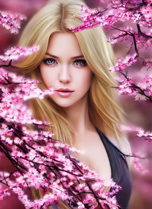 Image similar to photo of a gorgeous blonde female in the style of stefan kostic, realistic, half body shot, sharp focus, 8 k high definition, insanely detailed, intricate, elegant, art by stanley lau and artgerm, extreme blur cherry blossoms background