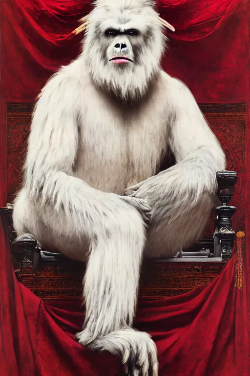 Image similar to portrait of yeti sitting on a throne. face is highly detailed. intricate. splices of red are running down his toga. close shot. dark background. soft light. imagined by jeremy lipking and alphonse mucha