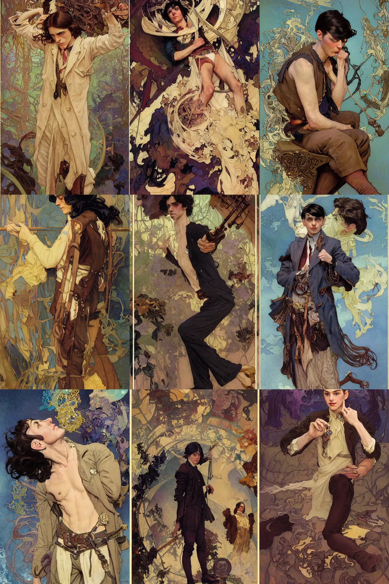 Prompt: thin young male alchemist, long dark hair, 1 9 2 0 s fashion, art by joseph leyendecker, donato giancola, dean cornwell, peter mohrbacher, ruan jia, marc simonetti, ayami kojima, cedric peyravernay, alphonse mucha, thomas kinkade, victo ngai