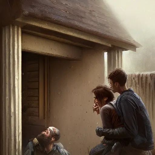 Image similar to a guy is leaving is home with luggage and sad angry mood, his wife is kissing another man under the porch of the house, highly detailed,, artstation hd, deviantart, by madgwick,, greg rutkowski, artgerm