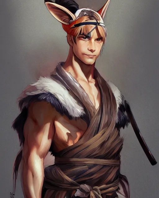 Image similar to A handsome, muscular man with fox ears and a katana wearing a kimono, portrait, bishounen, visualartzi, Japanese, concept art by Karla Ortiz, James Paick, Charlie Bowater, Krenz Cushart, highly detailed, ultra detailed, ultra realistic, trending on artstation, cgstudio