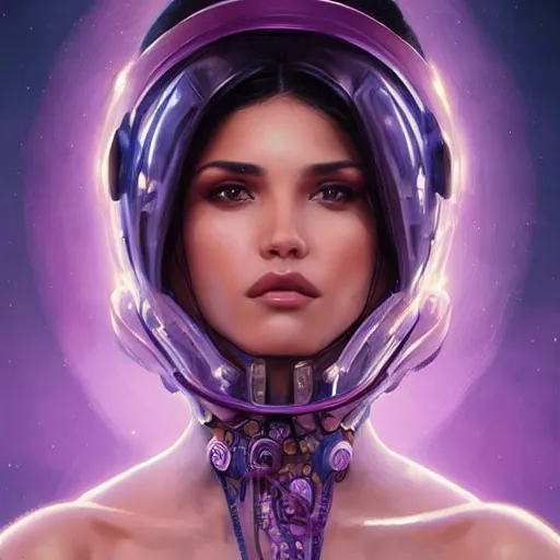 Image similar to Portrait of very very very very very very beautiful Latina woman, spacesuit, purple eyes, intricate, elegant, highly detailed, digital painting, artstation, concept art, smooth, sharp focus, illustration, art by artgerm and greg rutkowski and alphonse mucha