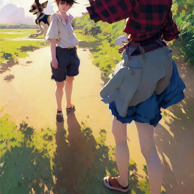 Image similar to a female character inspired by an african wild dog, flannel shirt and shorts, short hair, basic background, krenz cushart, mucha, ghibli, by joaquin sorolla rhads leyendecker, by ohara koson