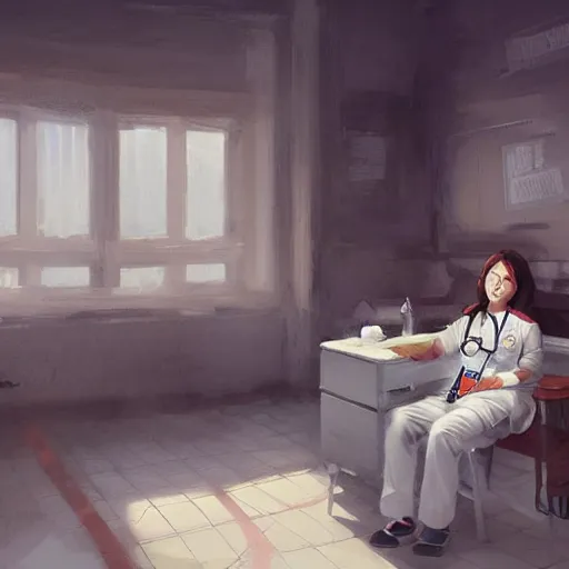 Prompt: a female doctor in scrubs, looking tired, in the middle of lots of sick people in beds, hospital hall, by greg rutkowski, trending on artstation