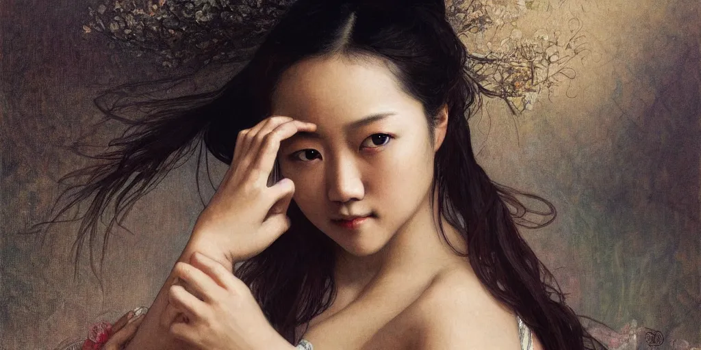 Image similar to a portrait of a very seductive Tang Wei, in the style of WLOP and Alphonse Mucha and Ross Tran, realistic, seductive, closeup, facing the camera, dramatic lighting