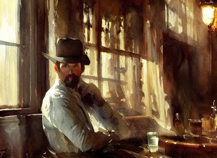 Prompt: oil watercolor painting of dirty man in western bar, shaven stubble, short hair, mysterious light, art by anders zorn, wonderful masterpiece by greg rutkowski, beautiful cinematic light, american romanticism by greg manchess, creation by tyler edlin