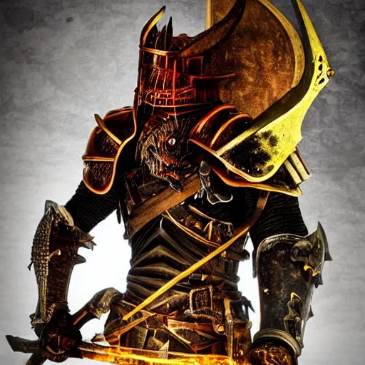 Image similar to three - ply portrait the great death knight dark souls in golden red armor made of polished dragon bones looks relaxed, quantum physics, victorian era