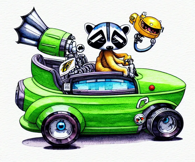 Image similar to cute and funny, racoon wearing a helmet riding in a tiny hot rod with oversized engine, ratfink style by ed roth, centered award winning watercolor pen illustration, isometric illustration by chihiro iwasaki, edited by range murata, tiny details by artgerm and watercolor girl, symmetrically isometrically centered, sharply focused