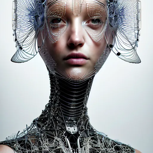 Image similar to portrait of an absurdly beautiful, graceful, sophisticated, fashionable cyberpunk mechanoid, hyperdetailed illustration by irakli nadar, matt wisniewski style, intricate linework, white porcelain skin, iridescent fractal headdress, day - glow face paint, jellyfish electronic collar, unreal engine 5 highly rendered, global illumination, radiant light, detailed and intricate environment