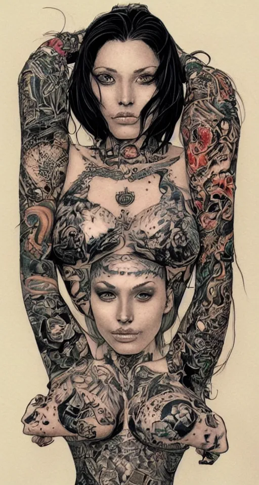 Image similar to a beautiful portrait of a woman with many tattoos, Travis Charest style