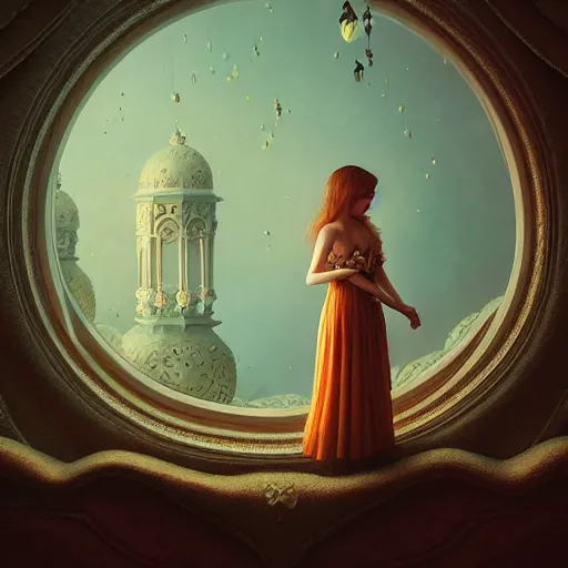 Image similar to lullaby of hope happiness of beautiful young woman, moody : : wes anderson, roger dean, sophie anderson, esao andrews : : ornate, dynamic, particulate, intricate, elegant, highly detailed, centered, artstation, smooth, sharp focus, octane render, 3 d