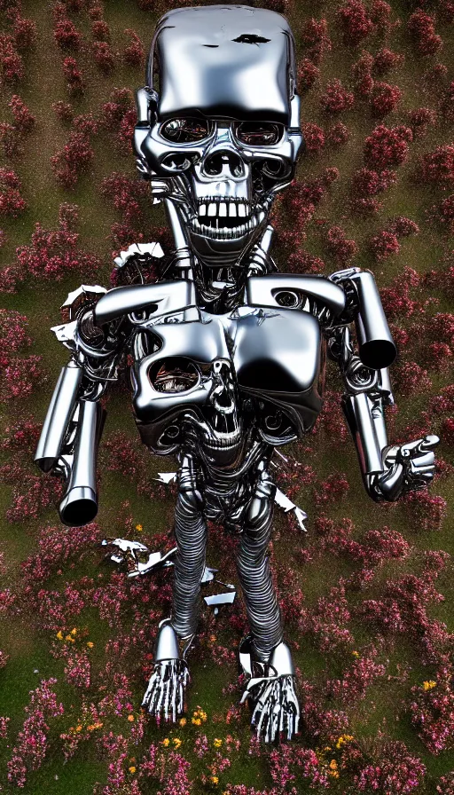 Image similar to destroyed terminator lying in a field of flowers, twisted metal, chrome, reflections, anthropomorphic, photorealism, smoke, metal, 8 k, surreal, wires, smooth, sharp focus, top view, extremely detailed, hyperrealism, elegant, establishing shot, by jeff koons, artgerm and greg rutkowski