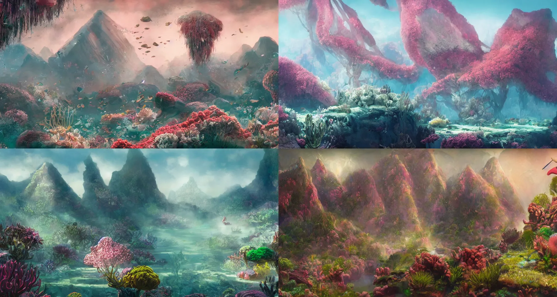 Prompt: a wide large cinematic shot of a landscape covered in coral and iridescent underwater plants and expensive fashion items purse and handbags and bling and small cut diamonds, giant stiletto shoes in the distance like mountains, realistic dream-like shot, pale toned down pastel tints, by John Harris, by Tyler Edlin