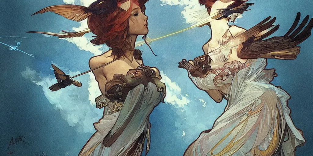 Prompt: a bird shooting lasers from its eyes, art by artgerm and greg rutkowski and alphonse mucha