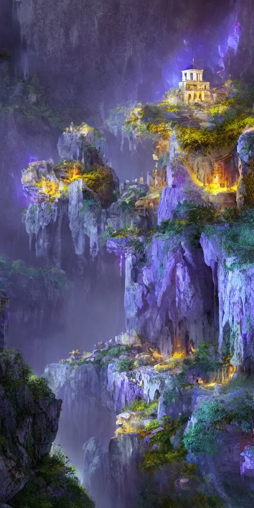 Image similar to Gorge in the mountain, white stone temple ruins, night dramatic lighting, blue, yellow and purple tones, wide camera angle, matte painting, trending on ArtStation, concept art, delightful surroundings, high detail, sharp contrast, picturesque, 4K, 8K, super graphically realistic detailed, high definition, HDR