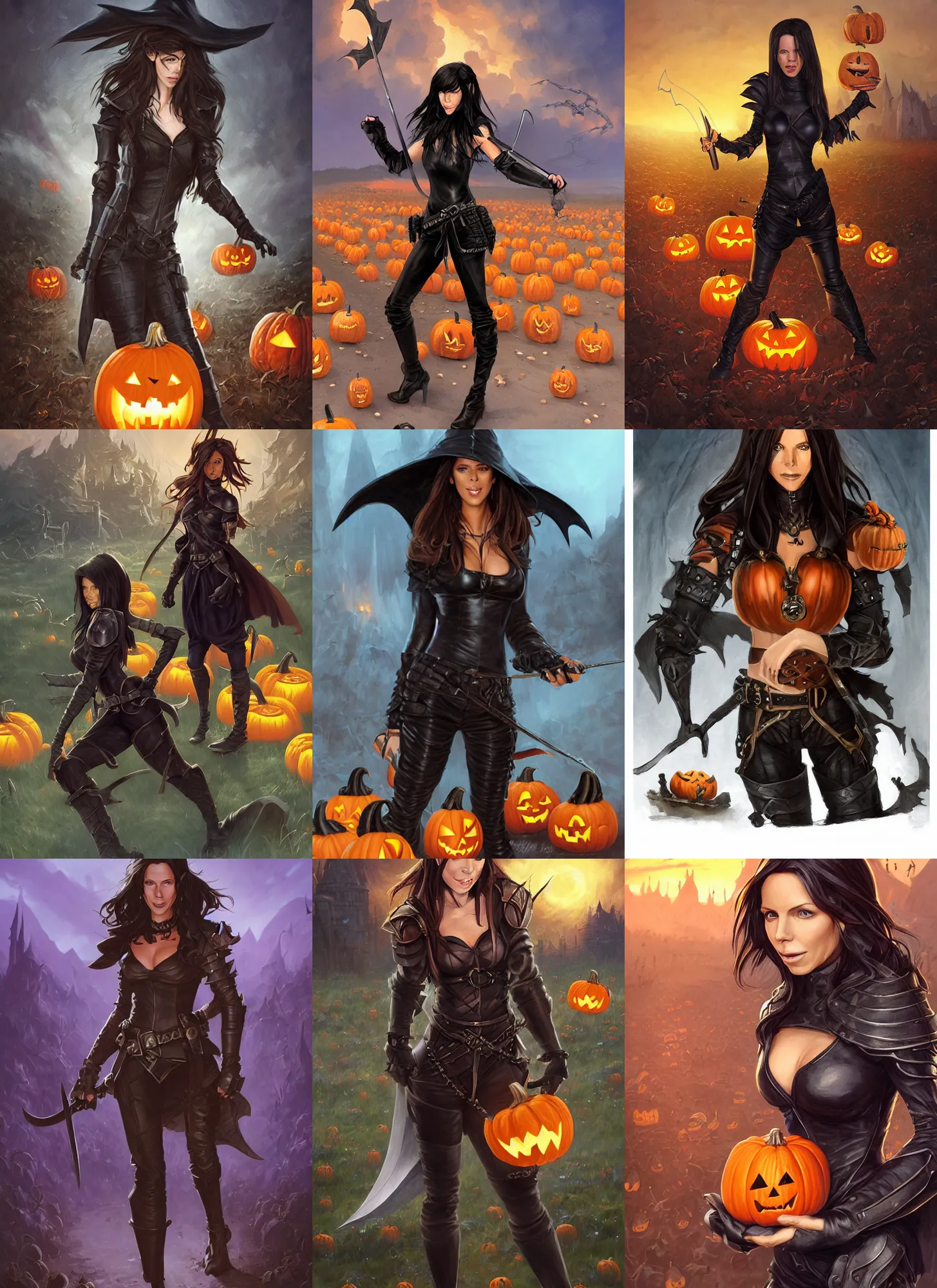 Prompt: DND character thief in black leather armor, a girl with face of kate beckinsale, with tan skin and long straight black hair, at evil pumpkin field with Jack o lanterns, high definition, detail equipment, very sharp, official fanart behance hd artstation by Jesper Ejsing, by RHADS, Makoto Shinkai and Lois van baarle, ilya kuvshinov, rossdraws