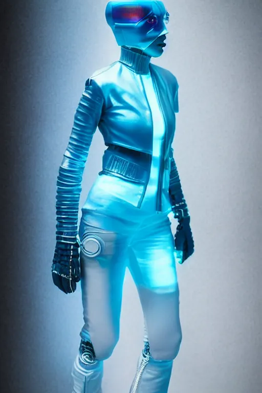 Image similar to full body shot of young punk woman dressed in futuristic cyberpunk clothing, soft blue light, by rineke dijkstra and artgerm, intricate details, highly detailed, masterpiece, 8 5 mm