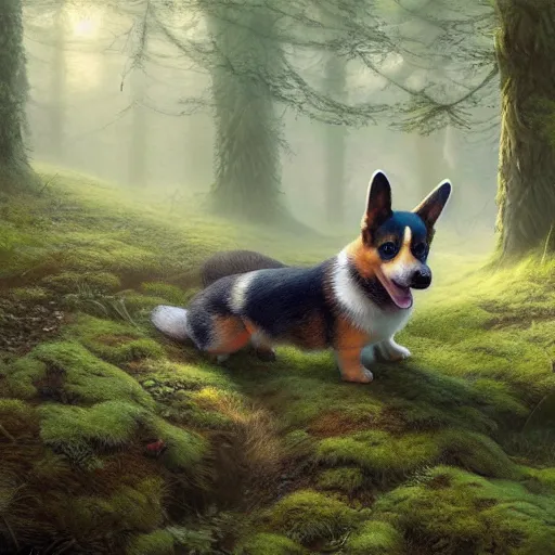 Prompt: adorable corgi puppy in a mossy forest, mushrooms, magical glow, landscape, extremely detailed digital painting, hyperrealistic, lifelike, intricate, greg rutkowski, artgerm, simon stalenhag, trending on artstation, 8 k