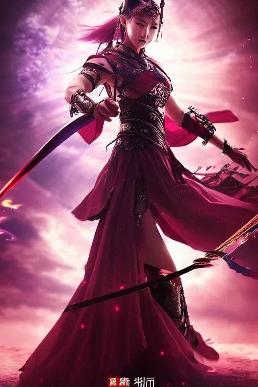 Image similar to beautiful cinematic fantasy poster, wuxia sword dance heroine, beautiful glowing galaxy eyes, hybrid from Dynasty Warriror and art direction by tian zi, WLOP, Darius Zawadzki cinematic quality character render; low angle; ultra high quality model; production quality cinema model;