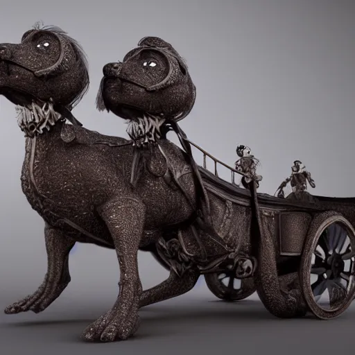 Prompt: little havanese dogs pulling a giant elegant carriage, trending on artstation, dramatic lighting, octane render, weta digital, micro details, 3 d sculpture, structure, ray trace, insane details, intricate, elite, ornate,