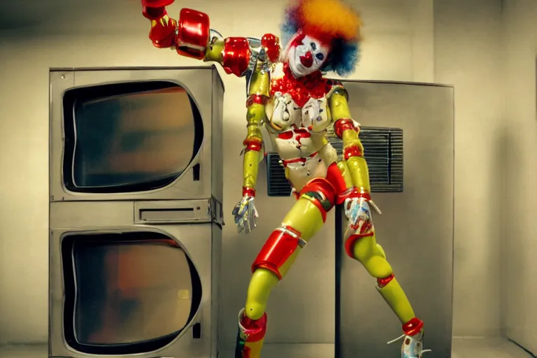 Image similar to robo - clowngirl emerging from a translucent fridge in cyberspace, fractal, in 1 8 8 5, y 2 k cutecore clowncore, bathed in the glow of a crt television, crt screens in background, low - light photograph, in style of tyler mitchell