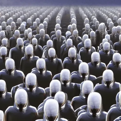 Prompt: a close up of a clone army of Jeff Bezos, preparing to board a large rocket. Hyper realistic, photojournalism.