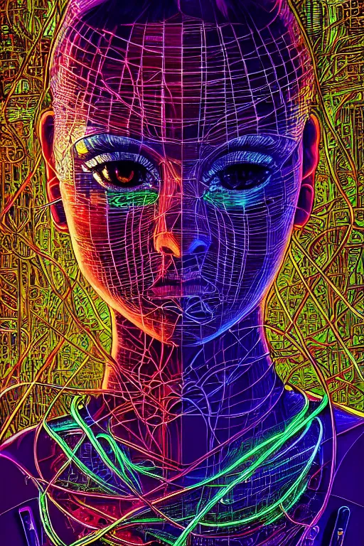 Image similar to dreamy cyberpunk girl, neon leather, detailed acrylic, wireframe fractals, intricate complexity, by dan mumford and by alberto giacometti, peter lindbergh