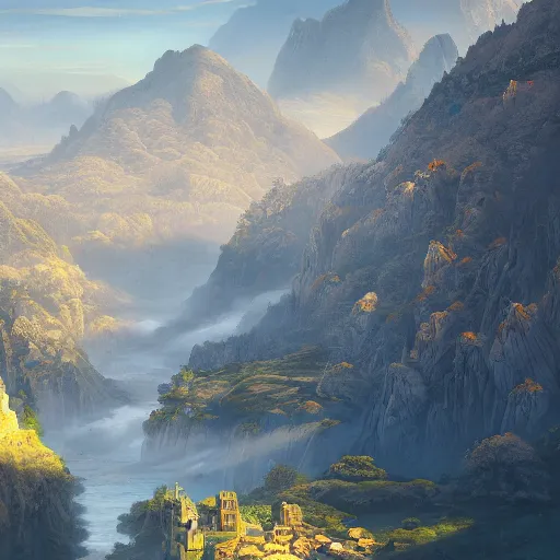 Prompt: A beautiful ultradetailed painting of a huge gilded city standing at the bottom of a valley surrounded by mountains, morning shot, pale blue mist, sunny skies, Raphael Lacoste, Makoto Shinkai, 4k, trending on artstation, aerial photography, ultrawide lens