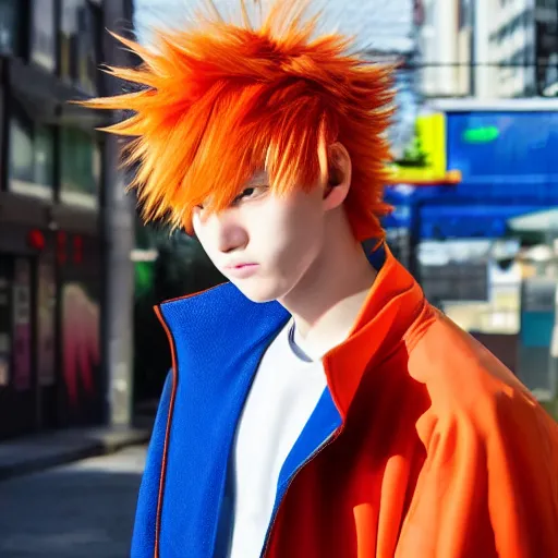 Prompt: orange - haired anime boy, 1 7 - year - old anime boy with wild spiky hair, wearing blue jacket, shibuya street, blue sunshine, strong lighting, strong shadows, vivid hues, raytracing, sharp details, subsurface scattering, intricate details, hd anime, high - budget anime movie, 2 0 2 1 anime