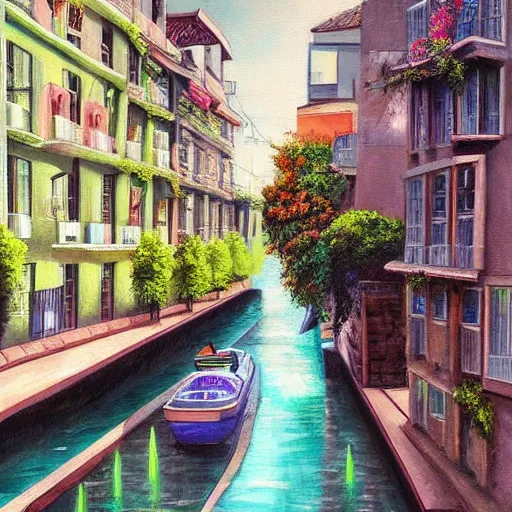 Image similar to Narrow cosy waterway in city of the future in harmony with nature. Nice colour scheme, soft warm colour. Beautiful detailed painting by Lurid. (2022)