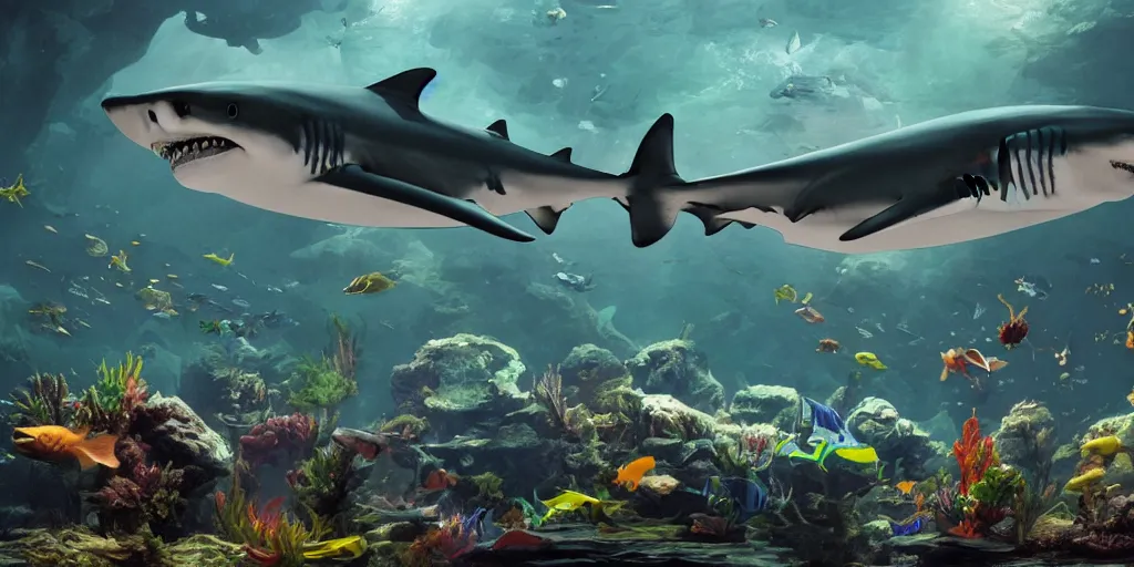 Image similar to a shark!!!!! in a huge aquarium!!!!!, vivid colors, digital art, landscape, fantasy art, octane render, unreal engine, high detail, very realistic, by greg rutkowski. by james gurney